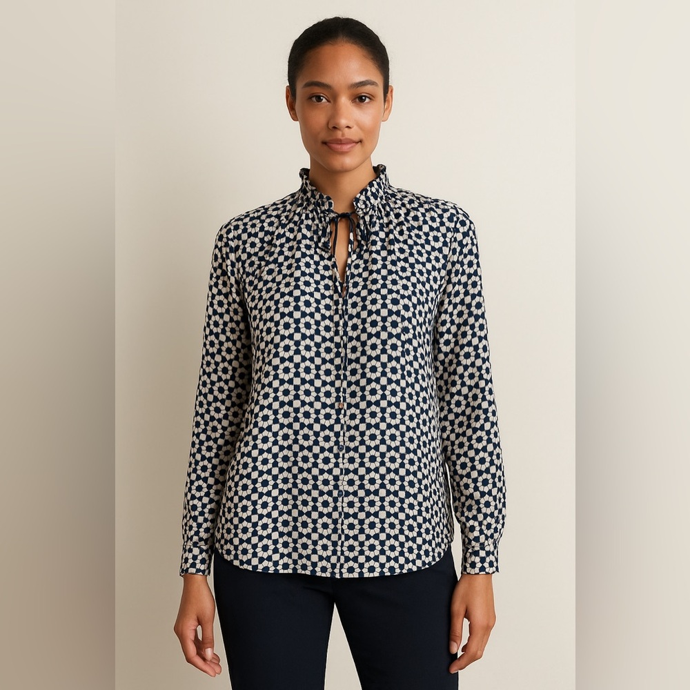 LOFT Women’s Navy White Geometric Print Long Sleeve Blouse Size XS